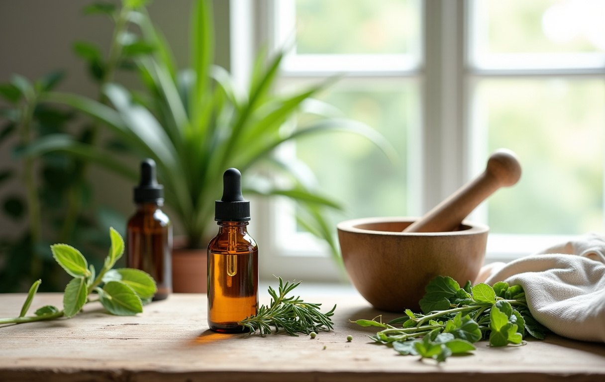 Botanical ingredients on a wooden table
