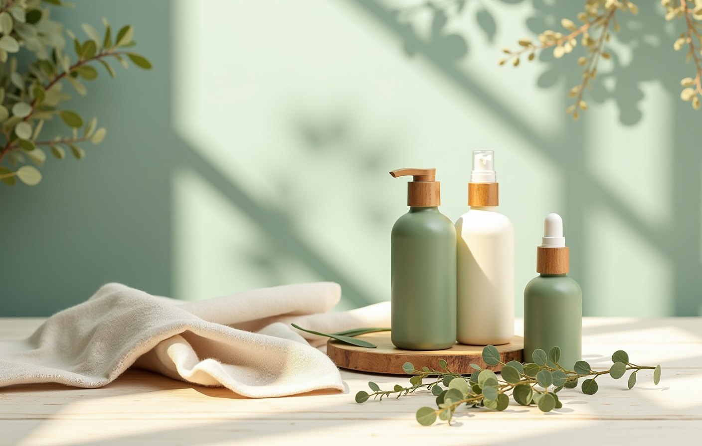 Botanical skincare flatlay with fresh herbs